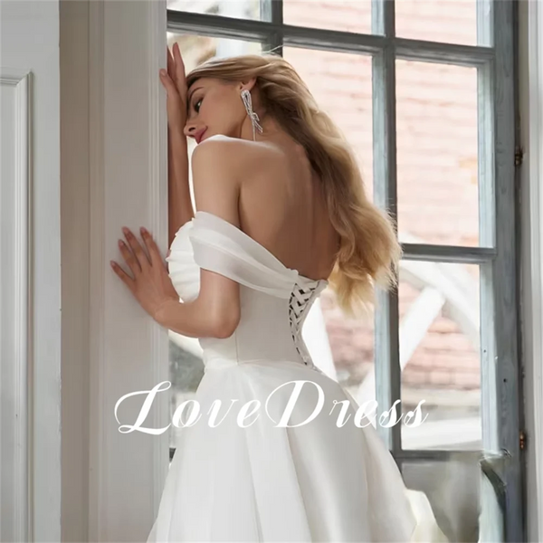 LoveDress Sexy Off the Shoulder Tea Length Wedding Dress A Line Silk Organza Split Simple Bridal Gown Women Lace Up Back Vestido