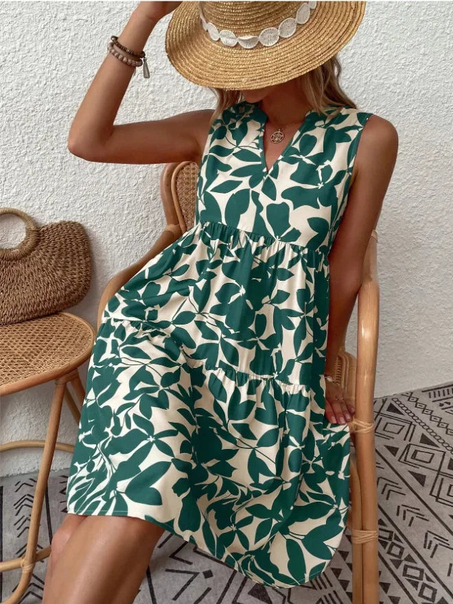 Women Boho Print Mini Dress Summer Elegant Sleeveless V Neck Ruffle A Line Tank Dress Casual Loose Oversize Beach Party Sundress