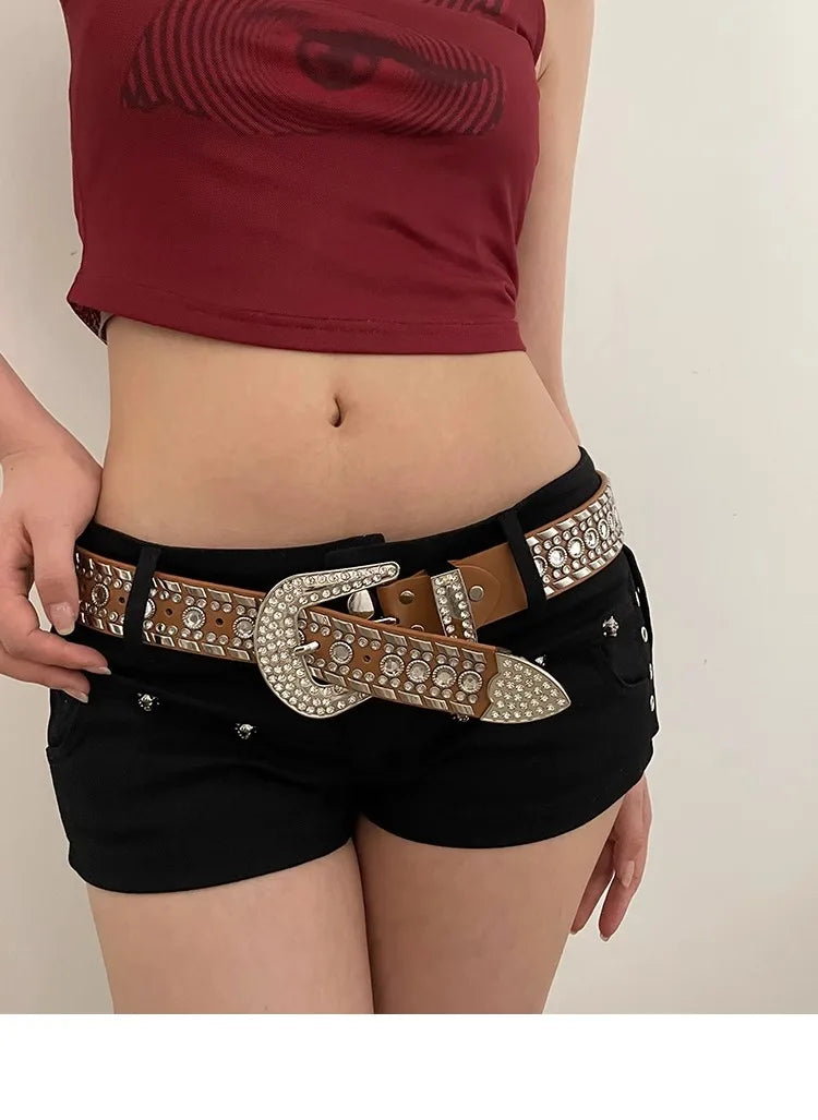 Y2K N Niche Personality Spice Broad Belt Female Adornment 2024 New Style Rhinestone With Pants Fashion Belt