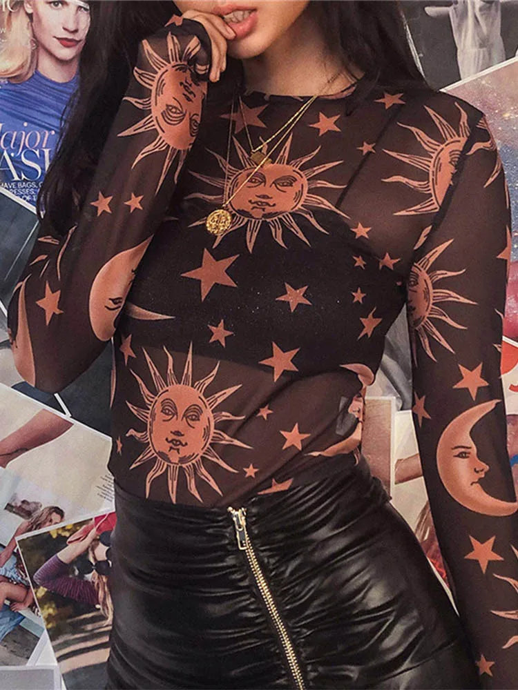 Sun Moon Printed Transparent Mesh Sexy T-Shirt Women O-Neck Long Sleeve Slim Basic Casual Female Tops 2024 Spring New