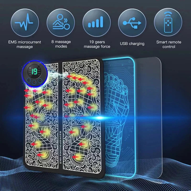 Foot Massger Sole Massage Pad Feet Muscle Stimulation 8 Modes 19 Level Relaxation USB Charging