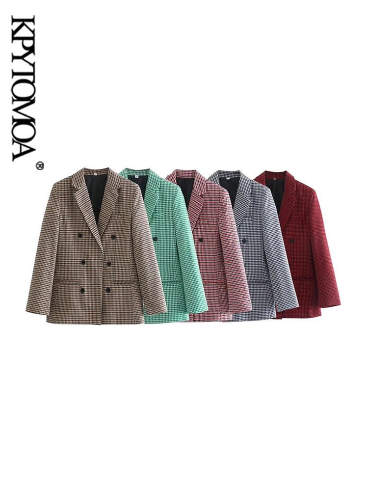 KPYTOMOA Women Fashion Office Wear Double Breasted Check Blazers Coat Vintage Long Sleeve Pockets Female Outerwear Chic Tops