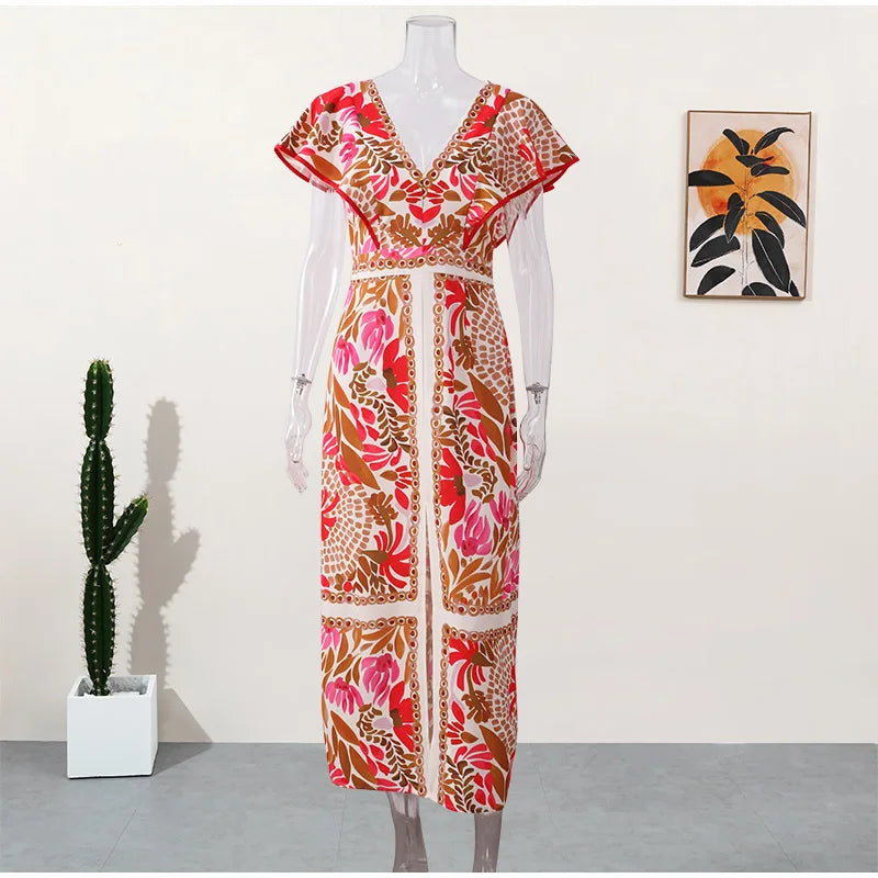 Women Vintage Print V Neck Maxi Dress Elegant Flying Sleeves High Waisted Split Slim Dresses 2024 New Lady Vocation Vestidos