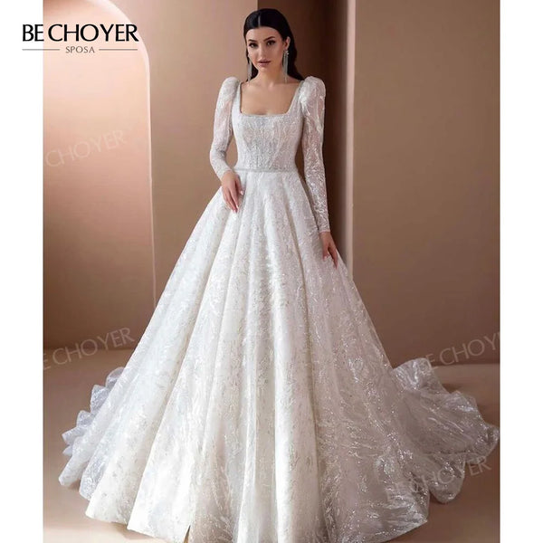 BECHOYER Long Sleeve Wedding Dress 2024 Beaded Square Collar Shiny A-Line Court Train Princess Bride Gowns HB11 Vestido de Noiva