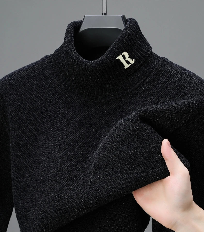 Luxury brand sweater men's high neck designer new trend R embroidery casual Korean top winter plush thick warm knitted pullover