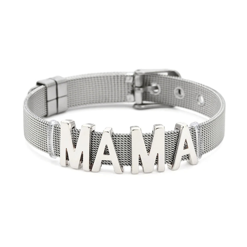 DINGLLY Gold Color Letter Beads Bracelets For Women Stainless Steel Mesh & Alloy MAMA Charm Bangle Mother's Day Gift