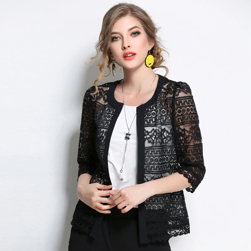 Women Clothing 2023 Ladies White Lace Blouse Summer Cardigan Black White Crochet Sexy Female Blouses Women Tops Blusas 883F