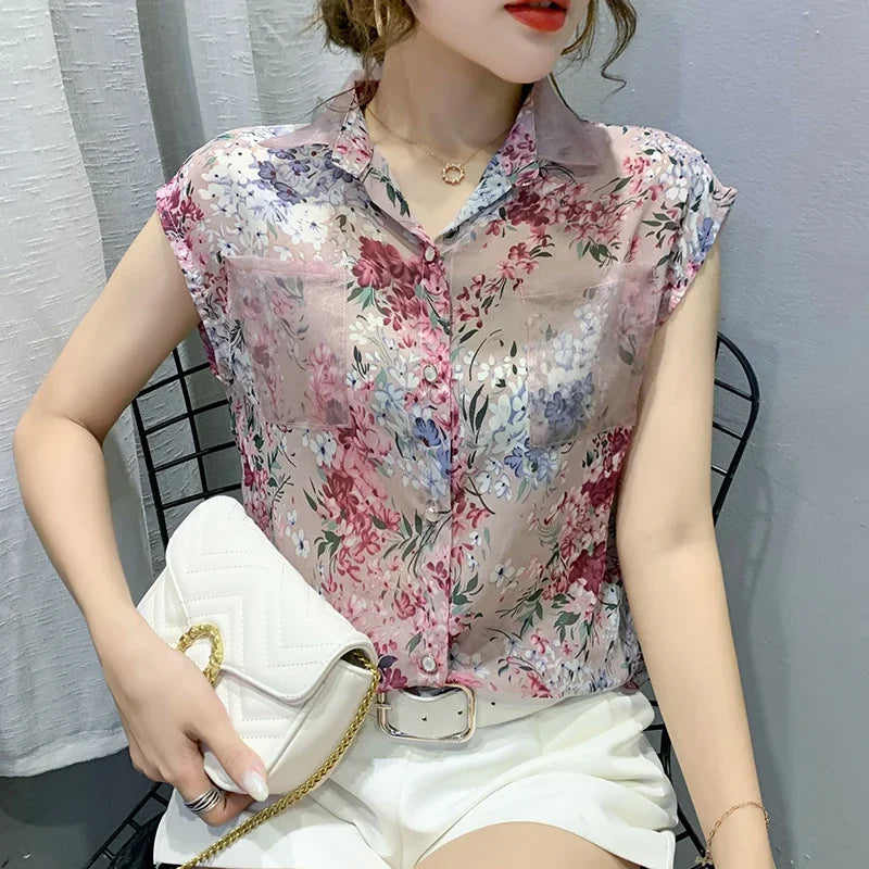 Print Blouse Women Ladies Tops Blusas Mujer Summer Floral Chiffon Women Shirts Casual Sleeveless Female Clothing 10225