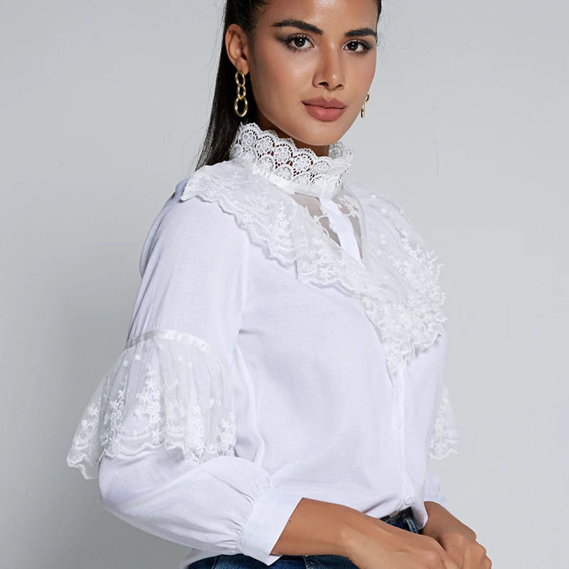 Elegant Ruffled Lace Blouse Women Stand Collar Embroidery White Shirt Woman Long Sleeve Vintage Blouses Lady Tops Blusas 11335