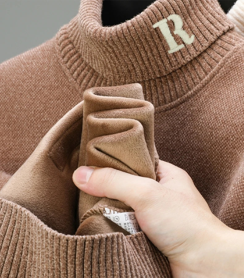Luxury brand sweater men's high neck designer new trend R embroidery casual Korean top winter plush thick warm knitted pullover