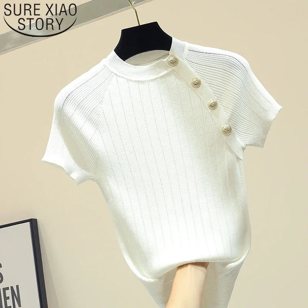 Korean Thin Knitted White Shirts Button Short Sleeve Women Tops 2023 Summer Solid Casual Shirts Female Tee Shirt Femme 8783 50