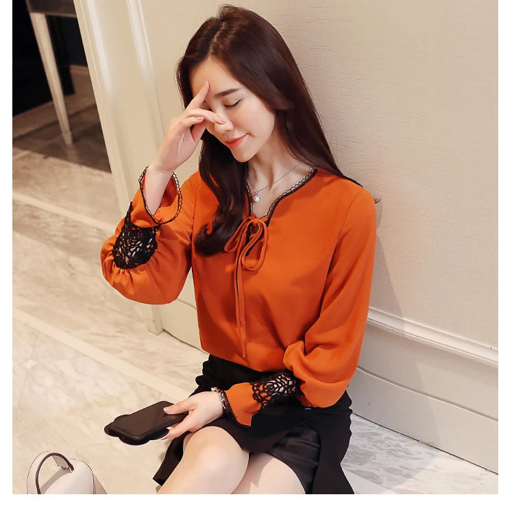 Women's Lantern Sleeve Chiffon Shirt Female Long-sleeved V-neck New Loose Bow Tie Openwork Lace Blouse Top