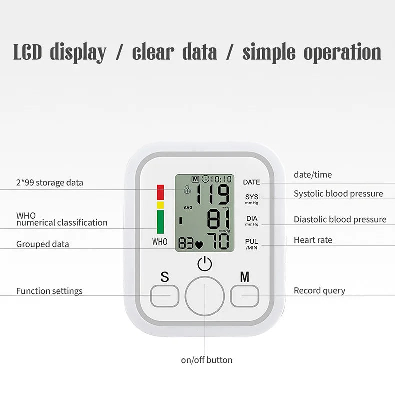 Medical Digital Arm BP Blood Pressure Monitor Automatic Tensiometer Tonometer Sphygmomanometer Heart Rate Pulse Meter Oximeter