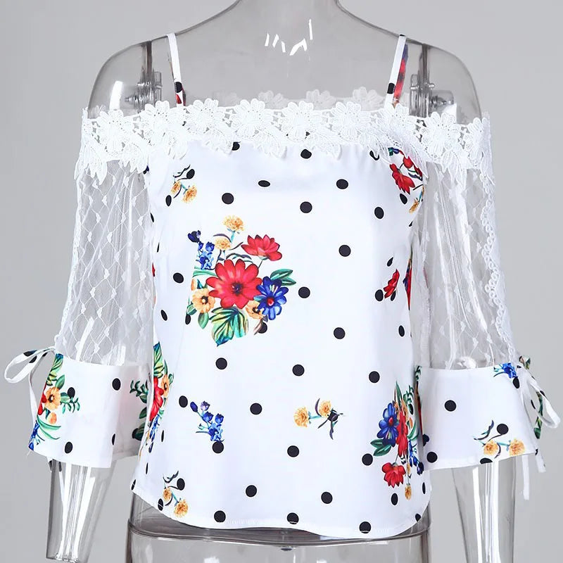 Vintage Embroidered Print Shirt Lace Blouses Shirts Sexy Club Female Mesh Patchwork Shirts Sexy Slash Neck Summer Fashon Tops