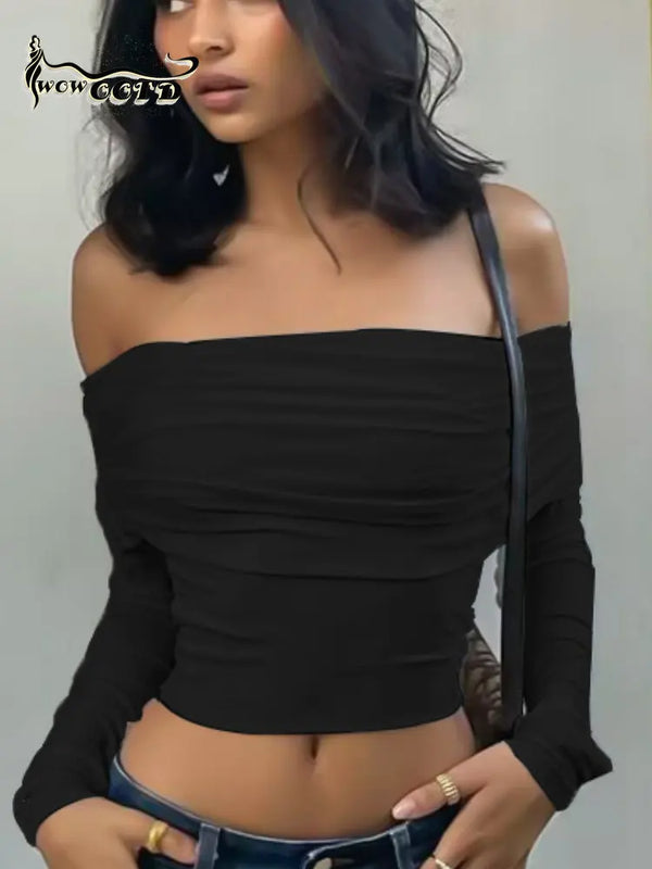 WOWOOTD Summer Autumn Y2K Sexy Elegant Shirts Female Mesh Ruched Crop Tops Women Off Shoulder Long Sleeve Slim Tops and Blouses