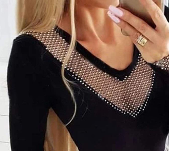 2023 Autumn Winter Spring New Fashion Casual Sexy Rhinestone Decor Hollow Out Top Female Clothing T-Shirts Pullover Tops