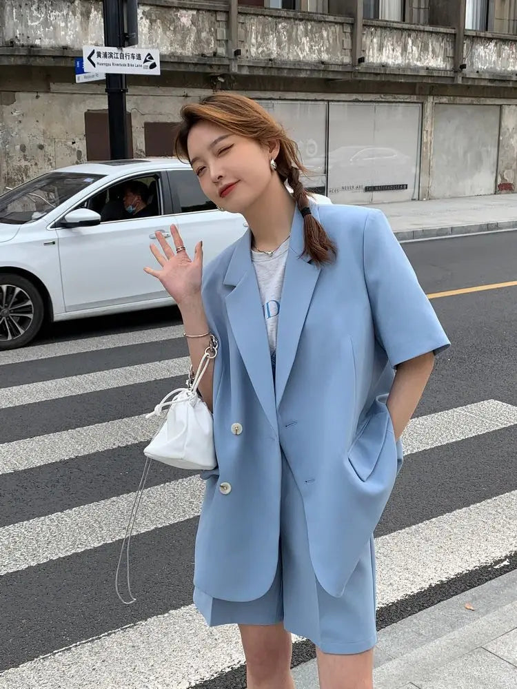 Clothing White 2024 Sleeve Summer Korean Style Blazer and Shorts Suit for Woman Kit Women's Short Pants Sets Complete Two Pieces