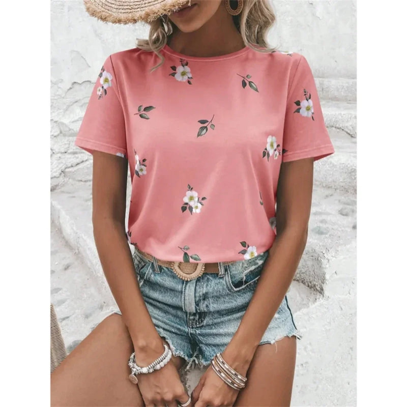 Fashion Flower Print T Shirt For Women Summer Hip Hop Trend Harajuku Streetwear Daily Casual O-neck Short Sleeve Loose T-Shirts