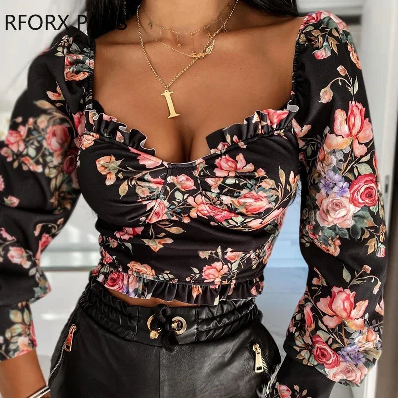 Long Sleeve Square Neck Floral Print Top Women  Plus Size Tops Spring  Tops and Blouses