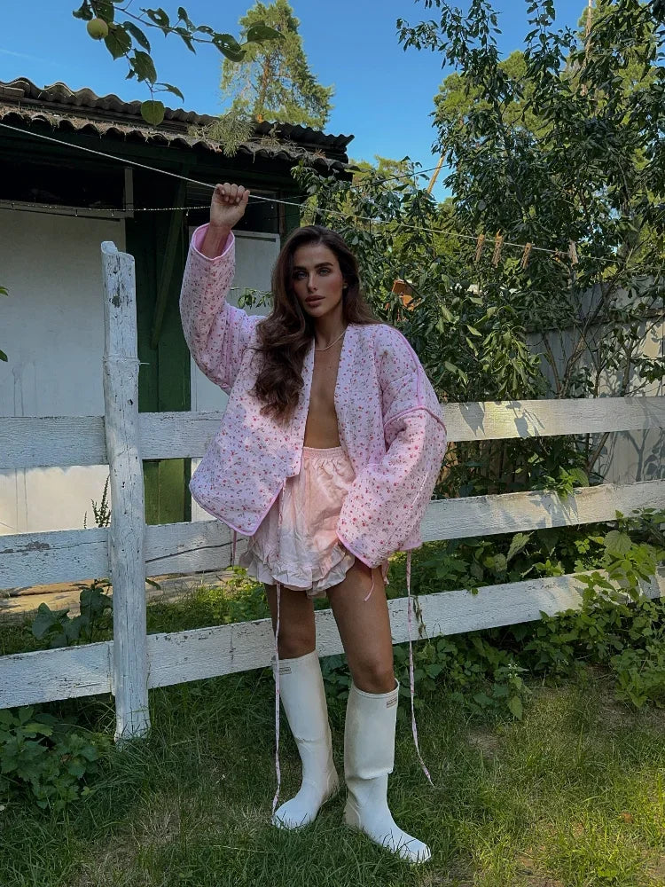 2024 New Pink Floral Cotton Coats Women Fashion V-neck Full Sleeve Lace Up Loose Jacket Autumn And Winte Chic Warm Lady Outwear