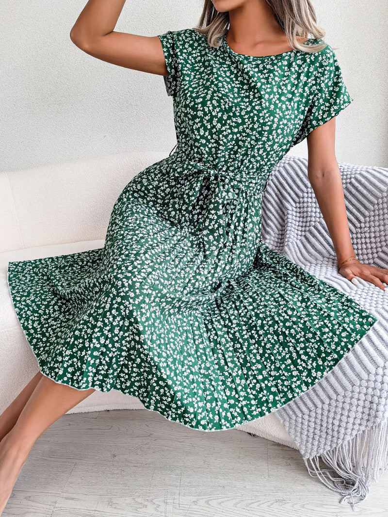 Women Spring Summer Short Sleeve High Waist Chic Dress Fashion Floral Pleated A Line Long Dress