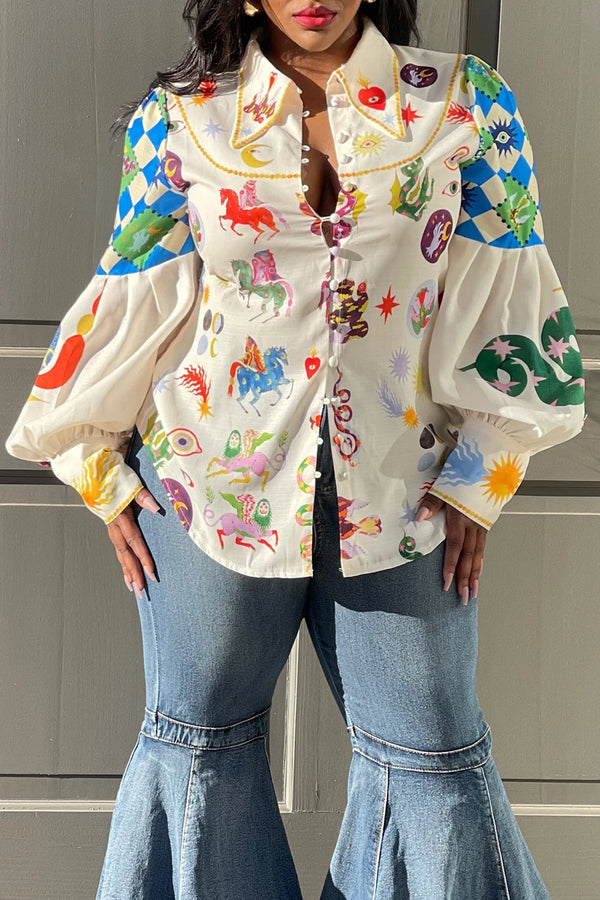 Women's Plus Size Shirts Lantern Sleeve Button Stand Collar Vintage Casual Elegant Pattern Print Balloon Long Sleeve Blouses