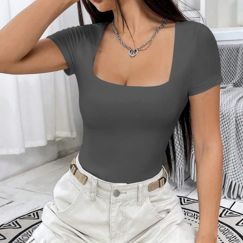 Black White Gray Solid Color Simple Casual T-shirt Women's Versatile Slim Square Neck Short Sleeve Top Summer Fashion Basic Tees