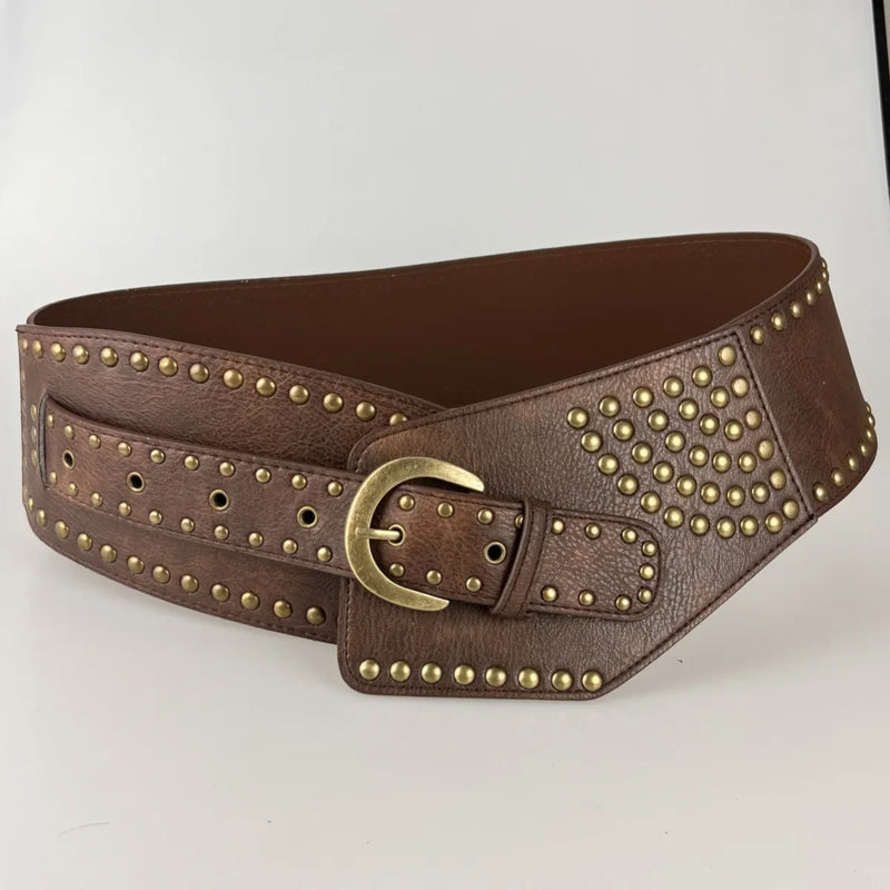 Vintage Punk Studded Belt  Chain Y2K Metal Pu Western Cowboy Wide Waistband Waist Belts Sexy Hiphop Men Skeleton Beaded Belt