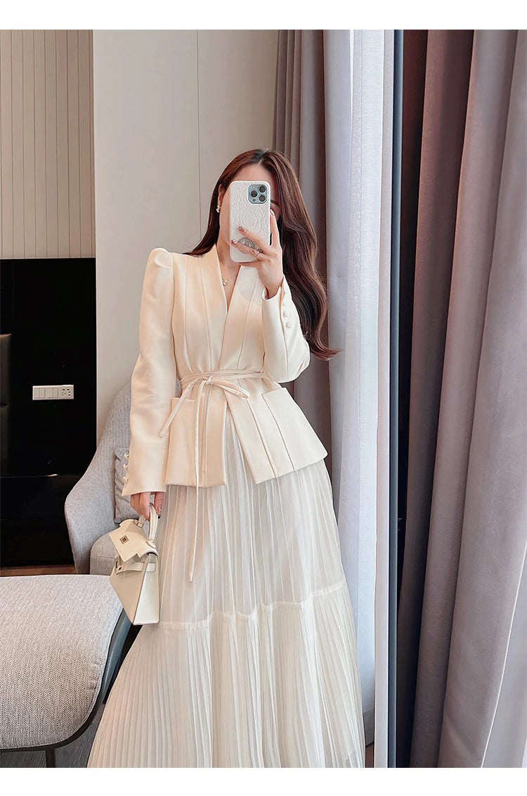H Han Queen Autumn New Skirt Suit Women Elegant Korean Lace-Up Fashion Blazer + Long Mesh Skirt Casual Evening Party 2-Piece Set