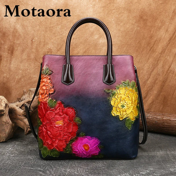 MOTAORA Retro Women Bag Vintage Bucket Shoulder Bags For Women 2024 New Handmade Embossed Leather Handbag Floral Tote Bag Female