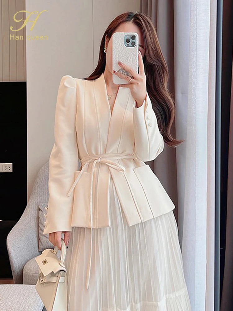 H Han Queen Autumn New Skirt Suit Women Elegant Korean Lace-Up Fashion Blazer + Long Mesh Skirt Casual Evening Party 2-Piece Set