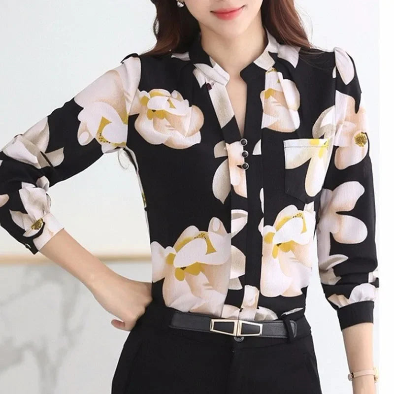 Autumn New Fashion Ladies Tops Elegant V-Neck Slim Chiffon Blouse Women's Clothing 2023 Office-lady Lady New Shirt Blusa 882G