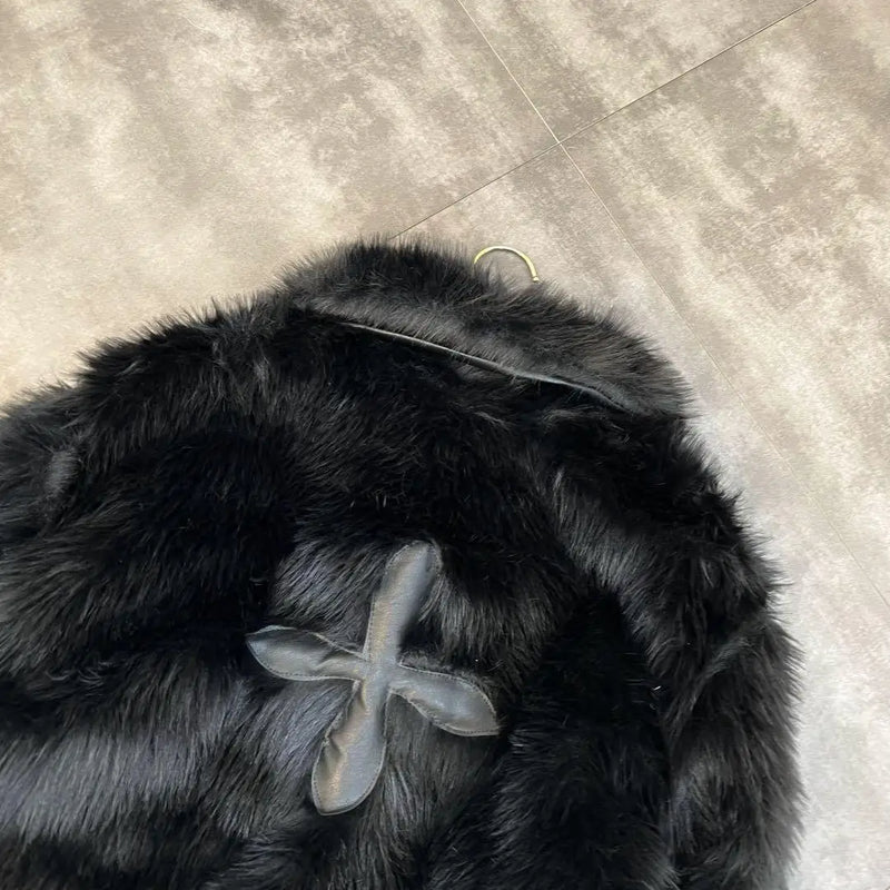 2024 Winter Women Jacket Lapel Long Sleeve Patch PU Cross Fur Cotton Coat