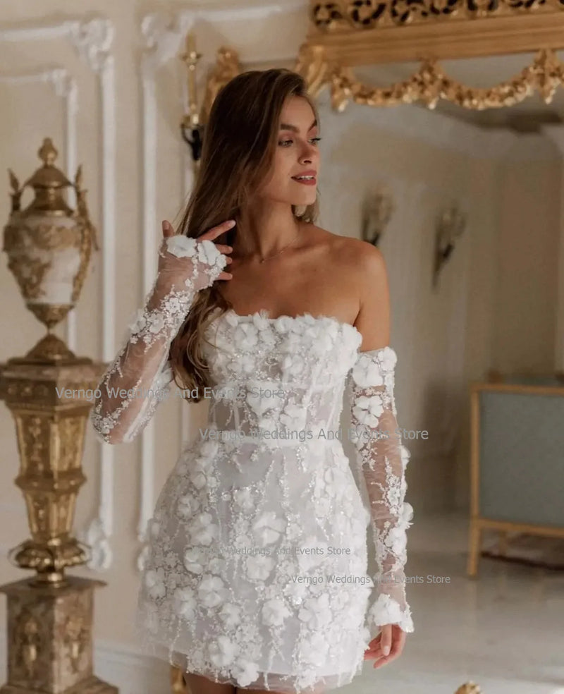 Verngo Short Wedding Dress Strapless Mermaid Bridal Gown Detachable Sleeves Women 3D Flowers Back Lace Up vestidos novia 2024