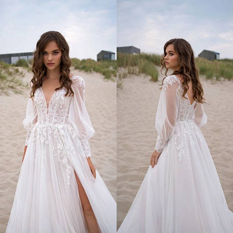 Musetta Beach V-Neck Simple Wedding Dresses 2023 Puff Sleeves High Slit Backless Bridal Gown Lace Applique Tulle Robe De Mariée