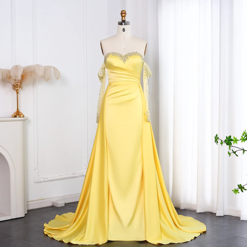 Sharon Said Elegant Sweetheart Yellow Satin Evening Dress with Gloves Beaded Pearls Women Wedding Party Gowns SS586 Customized
