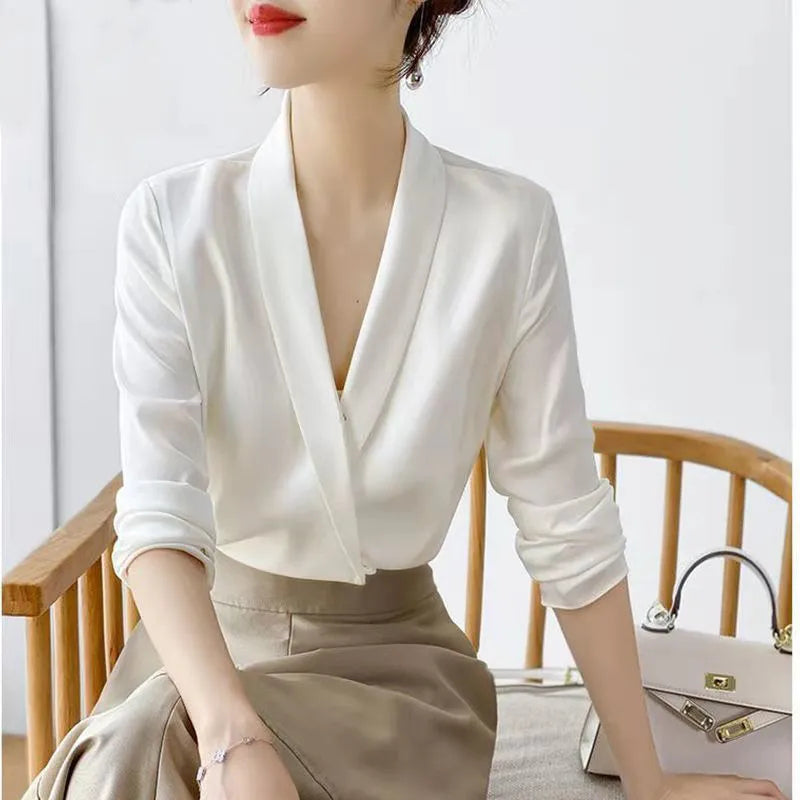 Women's Tunic V Neck Solid Color Elegant Blouses Spring Autumn Office Lady Silk Satin Solid Black White Long Sleeve Shirt Women