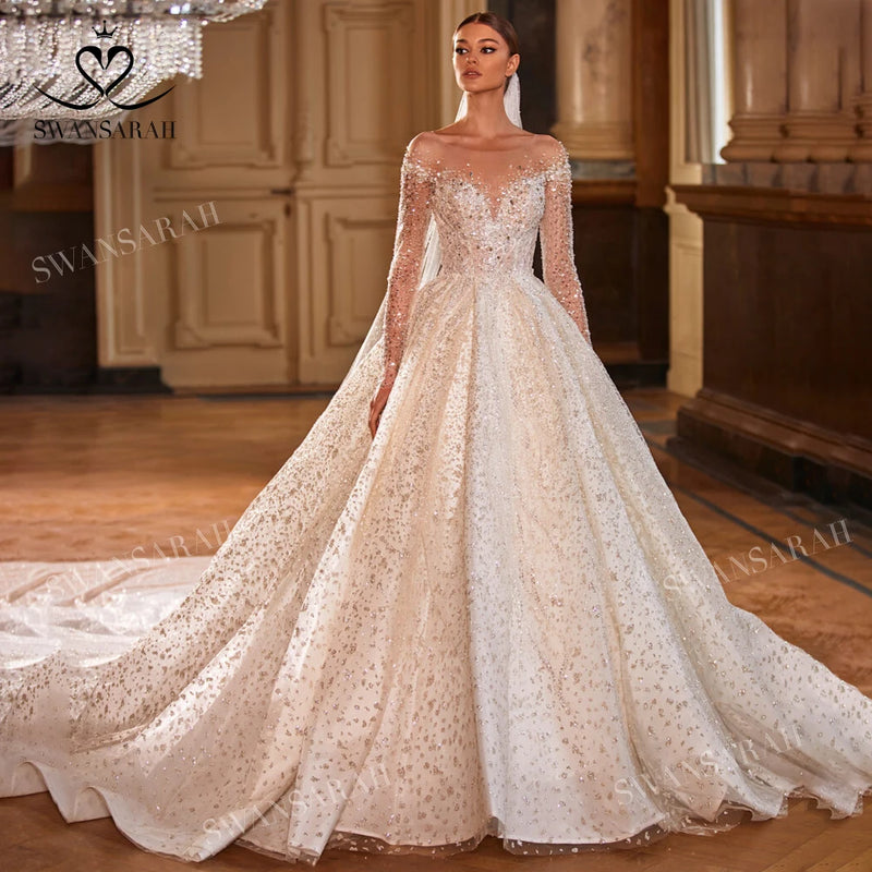 Crystal Long Sleeve Wedding Dress 2024 Shiny Ball Gown Court Train Princess Bride SwanSarah M108 Plus Size Vestido De Novia