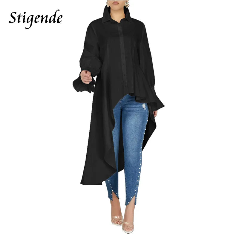 Casual Flare Sleeve Irregular Blouse Shirt Women Sexy Asymmetrical Long Loose Shirt Fashion Single Breasted White High Low Tops