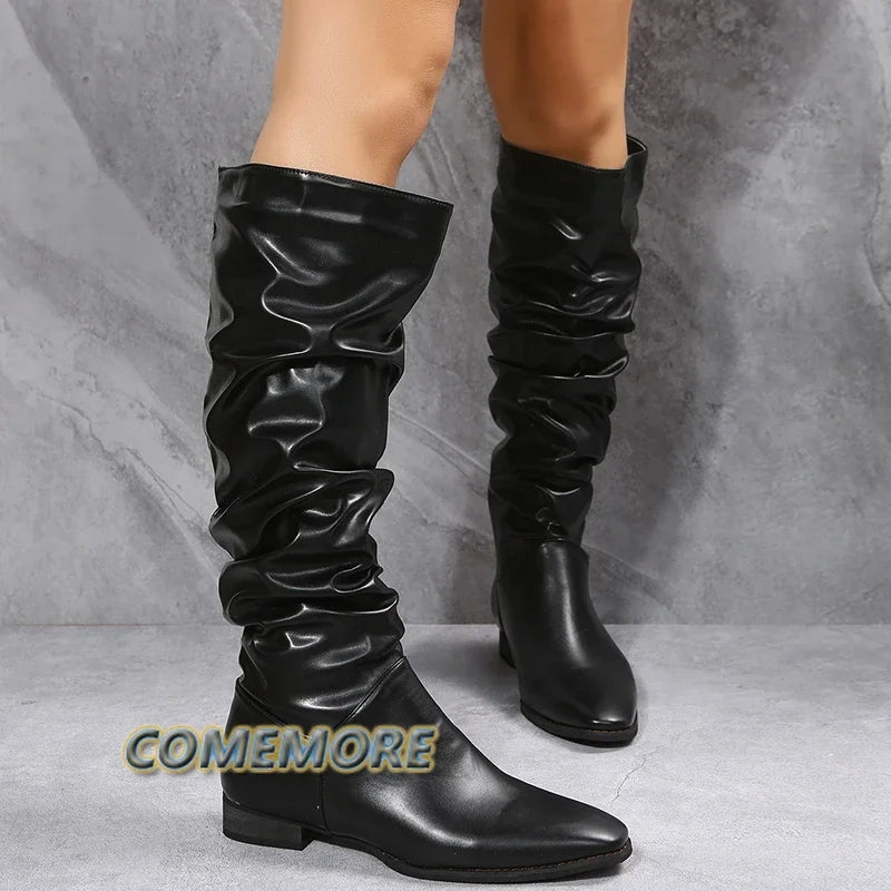 Shoes for Women Autumn Spring Knee High Boots Red Black White Tall Boots Woman Pleated Low Heel Casual Leather Female Long Shoes