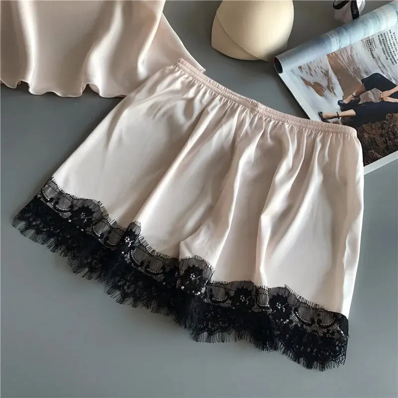 Women Pajama Suit Fashion V-Neck Stretch Satin Babydoll Lace Sexy Lingerie Bowknot Pyjamas Sleep Shorts Set Sleepwear New