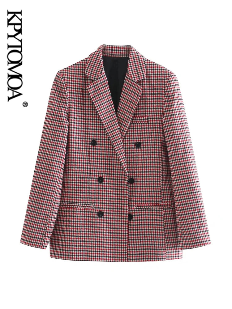 KPYTOMOA Women Fashion Office Wear Double Breasted Check Blazers Coat Vintage Long Sleeve Pockets Female Outerwear Chic Tops