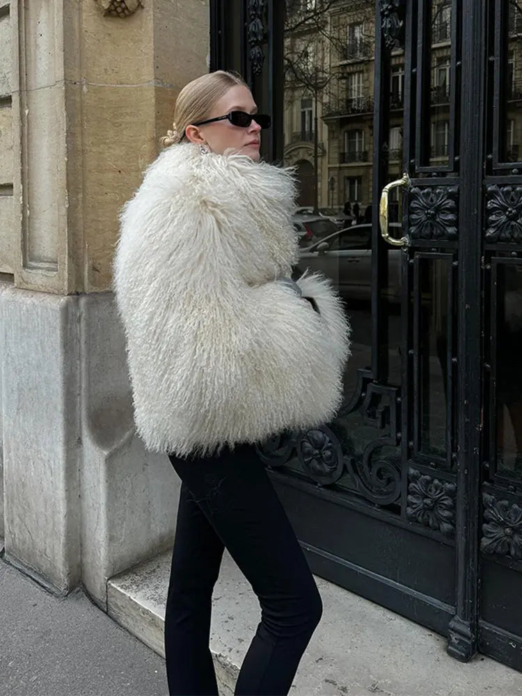 Elegant Solid Color Thick Faux Fur Coats Women Round Neck Long Sleeve Short Warm Jacket 2024 Winter Lady New High Street Outwear