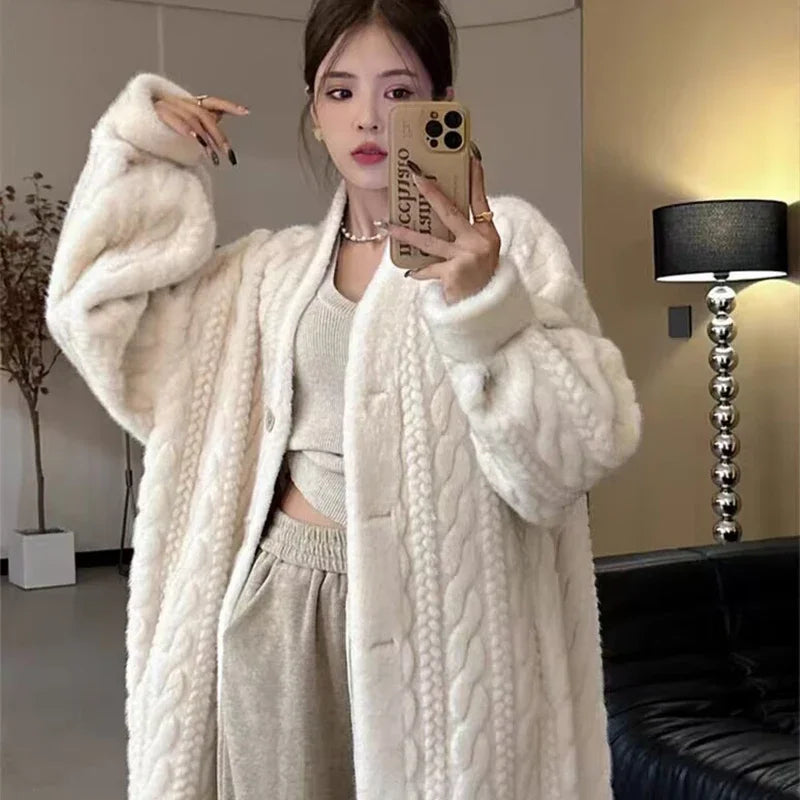 Thicken Knit Loose Coat Women Full Sleeve Single Breasted Fashion Female Cardigan Winter Warm Long Cardigan Chic Lady Outerwear