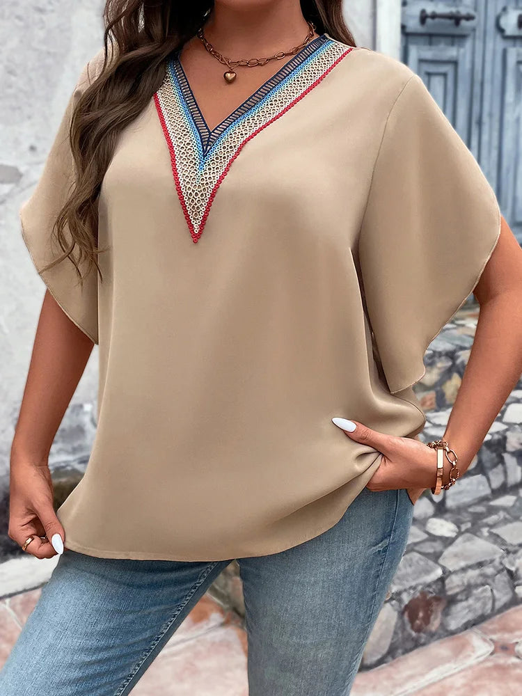 Cheap Women Plus Size Blouse Tops 2023 New Summer Lace V-Neck Short Sleeve Tees Matching Loose Casual Elegant T-shirts Clothing