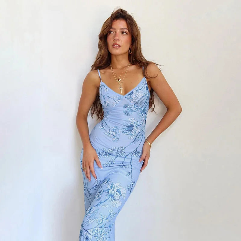 Sleeveless Print Suspender dress women Fashion Vneck slim long skirt 2024 summer fashion women's beach party club robe JY23159SK