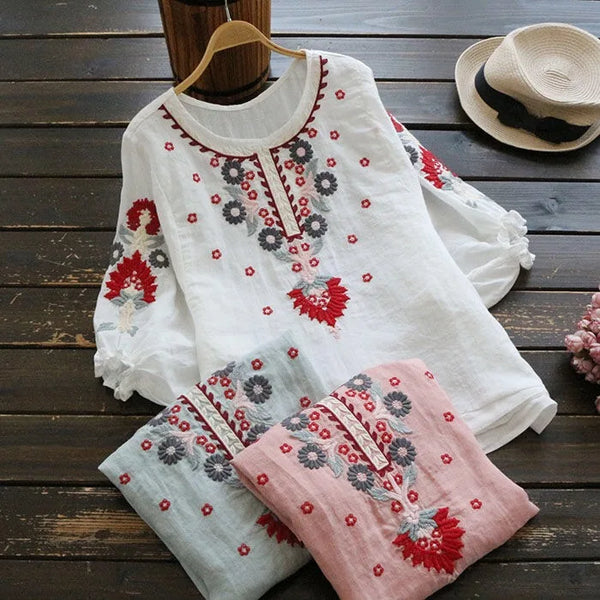 Women Cotton Linen Floral Embroider  Blouses Boho Ethnic Lantern Sleeve Shirts Vintage Retro Hippie Casual Tops Summer Blusa