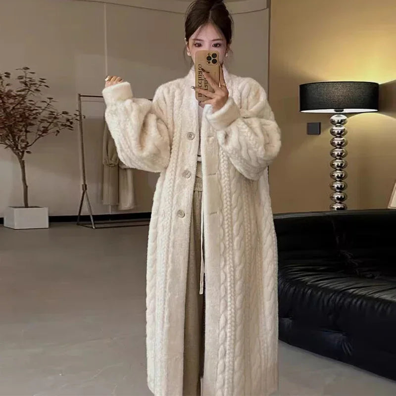 Thicken Knit Loose Coat Women Full Sleeve Single Breasted Fashion Female Cardigan Winter Warm Long Cardigan Chic Lady Outerwear