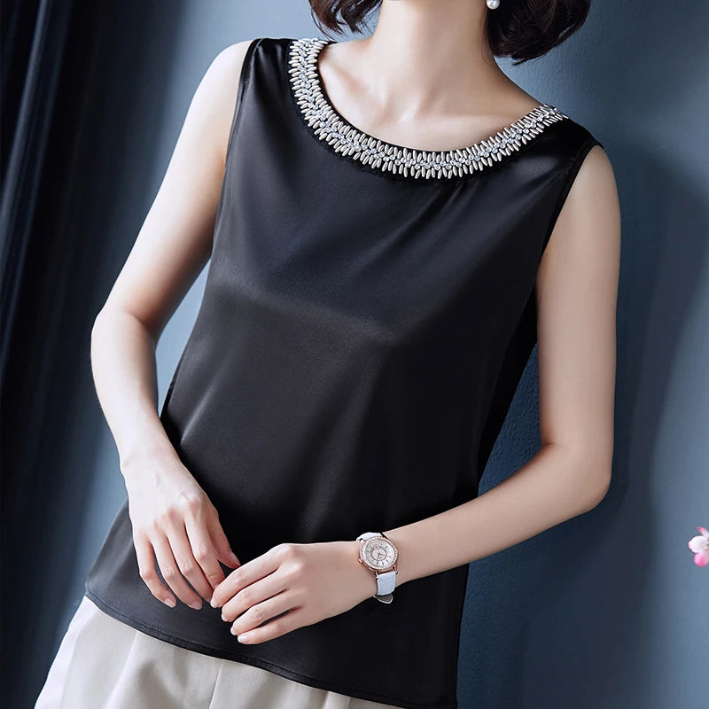 2023 Summer Women's Stylish V-neck Shirts and Blouses Fashion Elegant Satin Tops Silk Woman Office Lady Sleeveless Blusas 13741