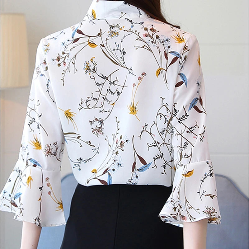 Chiffon Shirt Female Summer 2023 New Bow V Collar White Printing Transparent Women Tops Flare Sleeve Women Blouse Shirt 807A